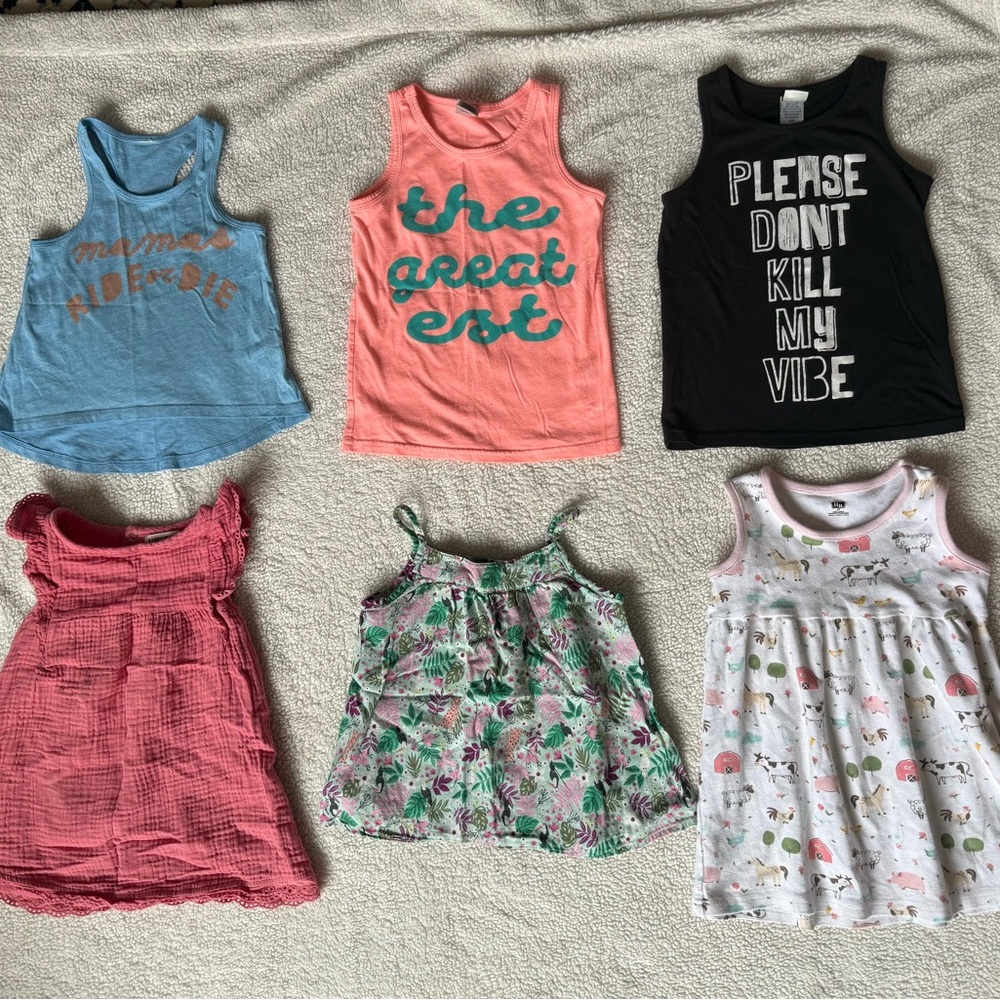 Lot of 3t tank tops. Farm dress is a 4t but runs small.